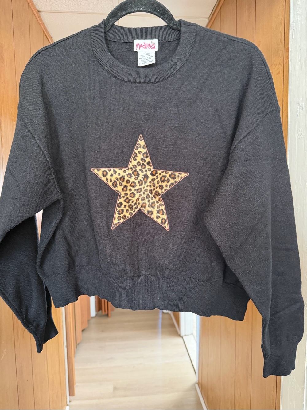Madras Black Crewneck Sweater with Leopard Star Appliqué